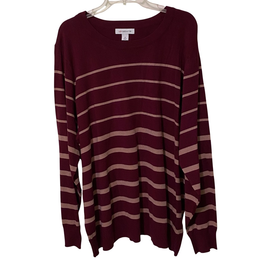 Womens‎ 3X Crew Neck Nautical Stripe Sweater Burgundy Rose Classic Preppy Casual